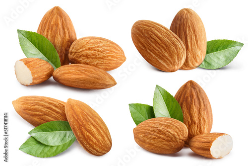 Set of delicious almonds, isolated on white background