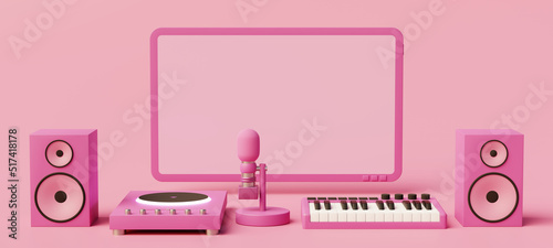 Pink monochrome image of a minimalist music production home studio.
