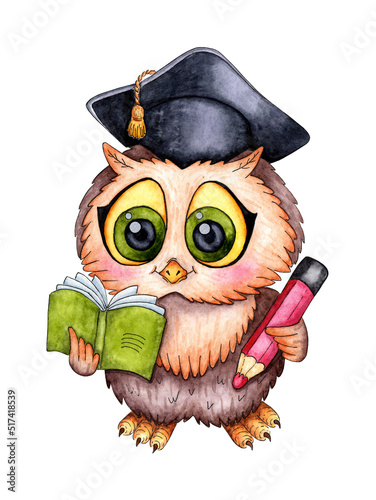 Watercolor illustration of a cartoon owlet with a notebook and a pencil. Smart owlet. Back to school. Ideal for t-shirts, cards, prints. Isolated on white background. Drawn by hand.