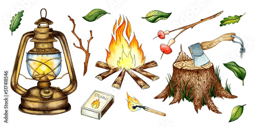 A set of watercolor illustrations of a kerosene lamp, campfire, tree stump, axe, matches, mushrooms on a stick, camping. For the design of design compositions on the theme of tourism, hiking, outdoor 