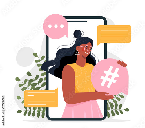 Social media mention. Woman in smartphone holds hashtag. Modern technologies, online marketing and promotion on Internet. Popular girl, famous blogger concept. Cartoon flat vector illustration