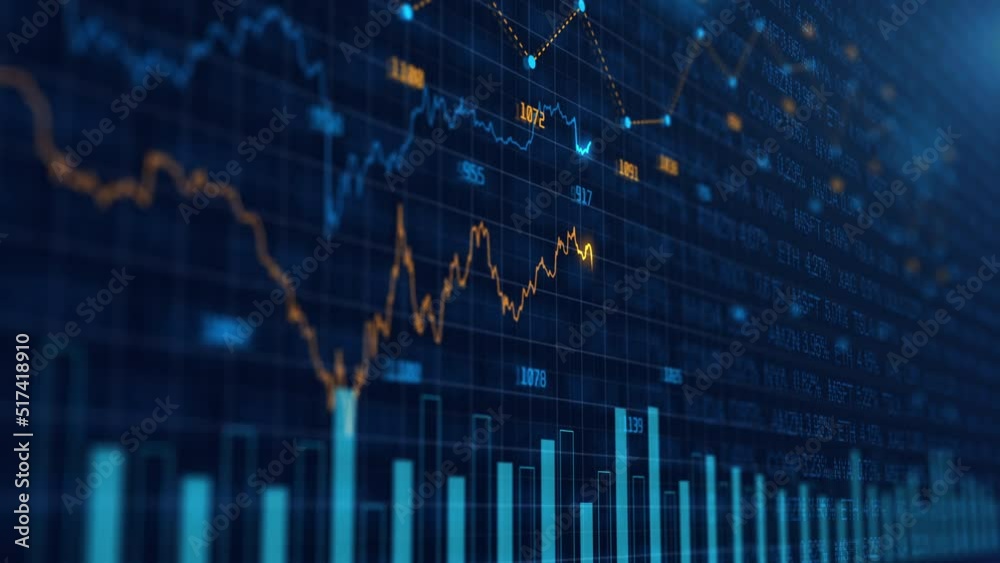Stock market and information of exchange with data of price on market wall. Change and volume. Financial indexes change up and down over time. Concept of trading cryptocurrency assets and bitcoin