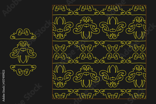 tribal pattern vector ethnic of Indonesian Kalimantan Dayak tribe in line yellow color black background