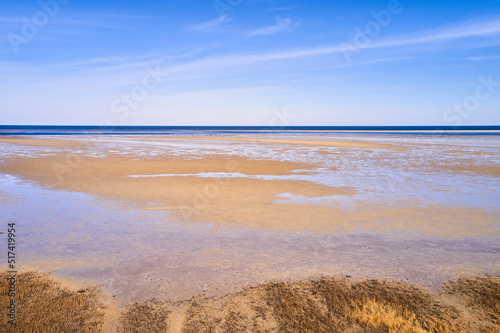 A landscape of the beach shore and blue sky background with copy space on a summer day. The sea or ocean during low tide with copyspace. Peaceful and scenic view of endless sandy water