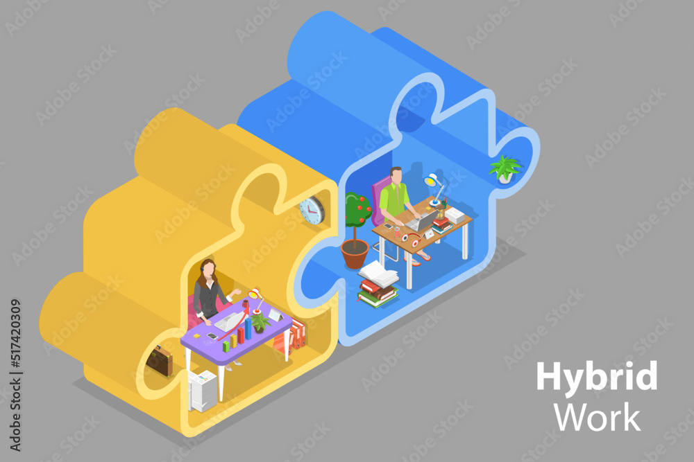 3D Isometric Flat Vector Conceptual Illustration of Hybrid Work, Teleworking and Business Teamwork - obrazy, fototapety, plakaty 