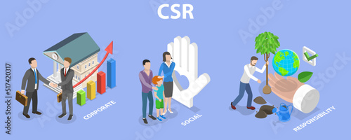 3D Isometric Flat Vector Conceptual Illustration of CSR - Corporate Social Responsibility, Sustainable and Fair Rights Organization Management