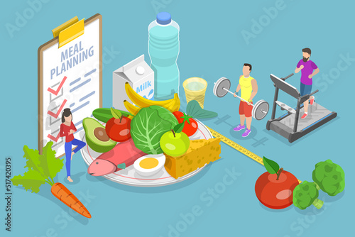 3D Isometric Flat Vector Conceptual Illustration of Meal Planning, Individual Dietary Service