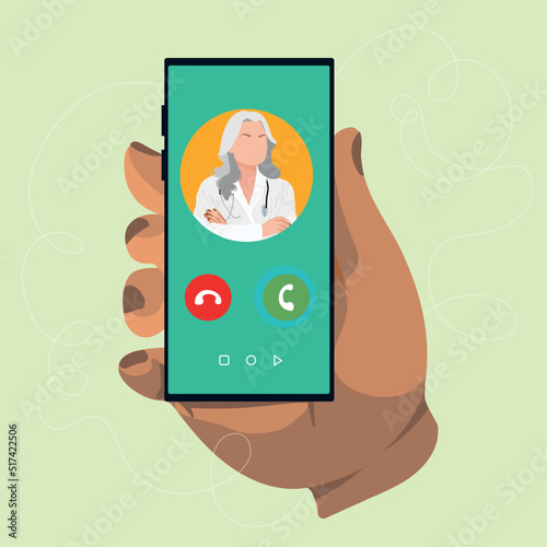 The doctor is on the phone Call a doctor Online doctor s consultation. Laboratory analyzes online View videos or video chat with the doctor Vector illustration