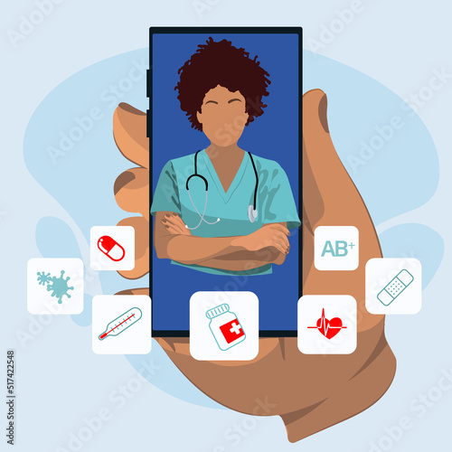 The doctor is on the phone Call a doctor Online doctor s consultation. Laboratory analyzes online View videos or video chat with the doctor Vector illustration