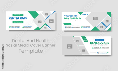 Dental social media cover design template. Medical healthcare banner. Minimalist web banner for medical services, timeline poster. Dentist and dental care social cover photo design with creative shape