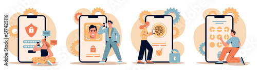 Set of personal data security. Men and women protect information on smartphones with different passwords and codes. Graphic key, face id and fingerprint. Privacy Policy. Cartoon flat vector collection