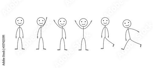 happy cheerful man in different poses stands, walks, runs, isolated on a white background, a set of human figures, sketch, pictogram, silhouette
