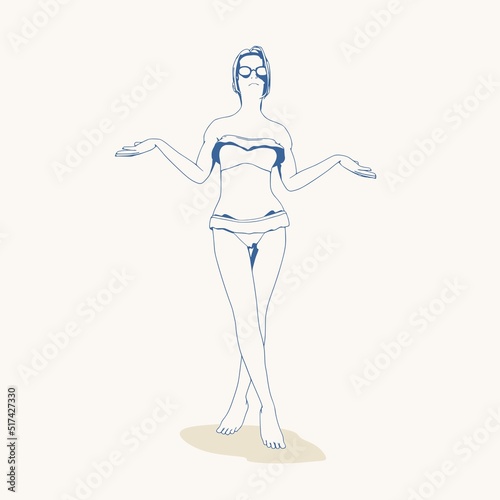Fototapeta Naklejka Na Ścianę i Meble -  Illustration of a beautiful fashion model posing in a stylish swimsuit. Young attractive woman in bikini. Sketch style outline