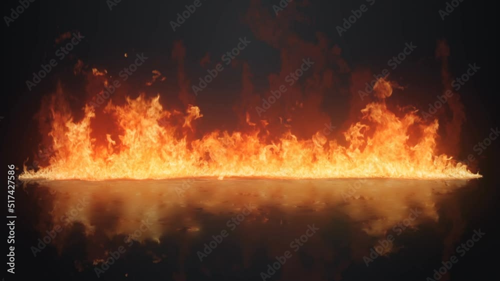 Fire Blazing on a Reflective Surface Background 4K features a line of fire blazing on a reflective wet surface in a dark atmosphere.