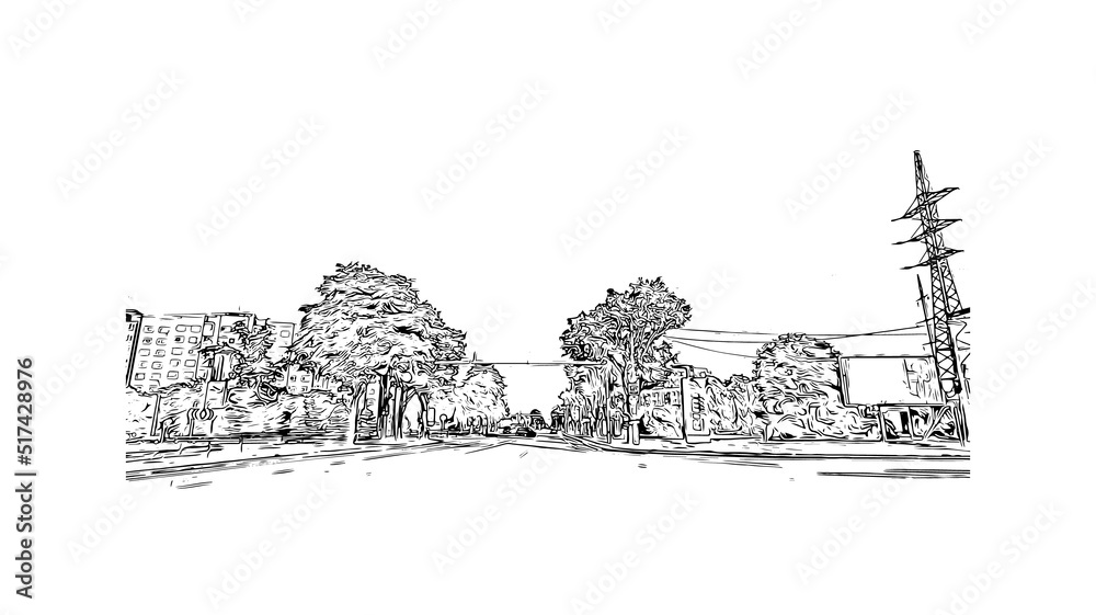 Building view with landmark of Narva is a municipality and city in Estonia. Hand drawn sketch illustration in vector.