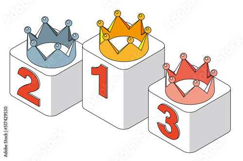 1から3の数字が書かれた台座に置かれた3色の王冠 アイソメトリック