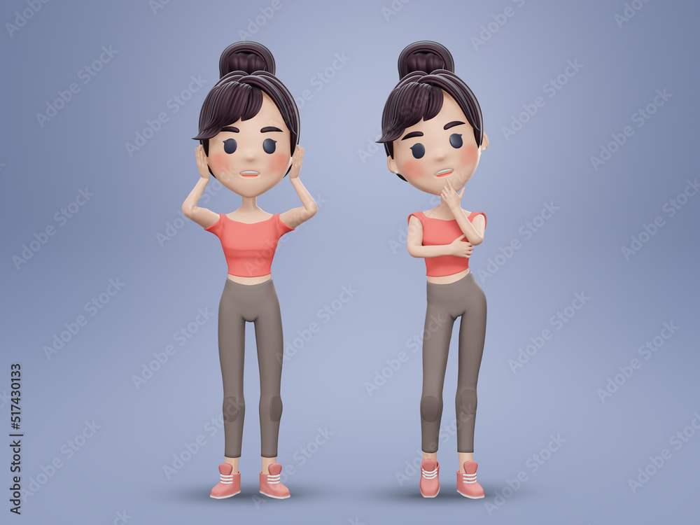 3d render , Cute girl thinks question thinking , girl concept girl solves a problem 3d render , Cute girl thinks question thinking , girl concept girl solves a problem