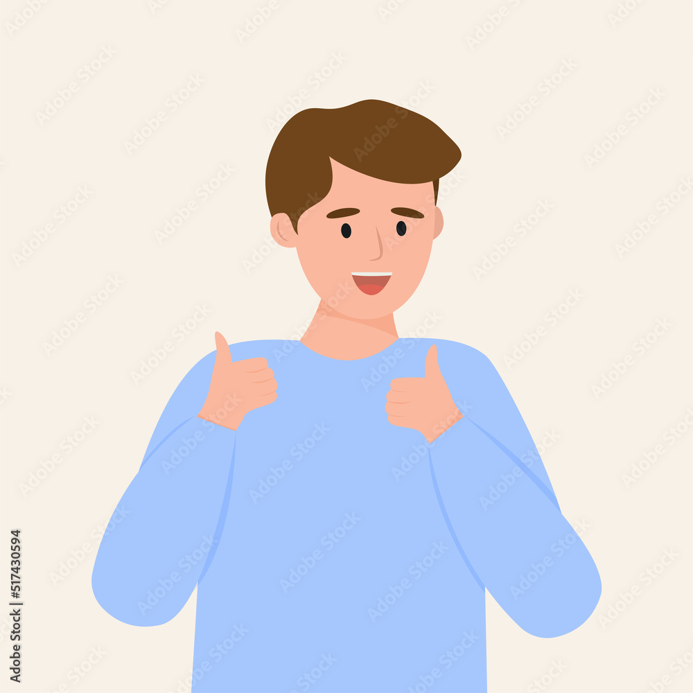 The boy holds his thumbs up. Flat vector illustration.