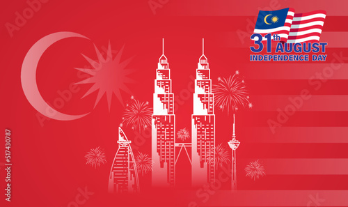 Happy 31st Malaysia Independence Day Vector Illustration. Petronas Tower Design for 65th National Day Poster Banner Template. Twin Tower and Flag of Malaysia photo