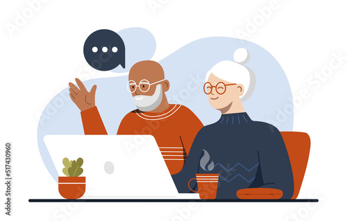 Seniors using gadget. Grandparents at laptop, elderly family mastering modern technologies and devices. Training and selfdevelopment. Old couple chatting on internet. Cartoon flat vector illustration photo
