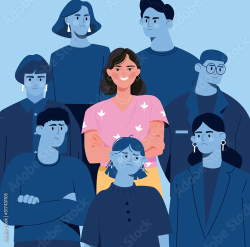Leader in crowd. Woman stands out among gray people. Positive and bright smiling person, optimism. Leadership, self confidence, creativity, individuality concept. Cartoon flat vector illustration