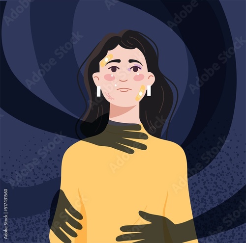 Stop gender violence. Frightened woman stands against background of shadows of her hands. Protest against beatings and domestic aggression. Crying battered girl. Cartoon flat vector illustration