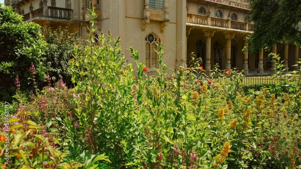 Establishing view of the stunning Royal Pavilion, also known as the Brighton Pavilion, a former royal residence completed in 1823 Establishing view of the stunning Royal Pavilion, also known as the Brighton Pavilion, a former royal residence completed in 1823