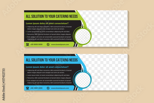 flyer template design with headline is all solutions to your catering needs. circle space of photo collage and text. Advertising banner with horizontal layout. black background,  blue green elements.