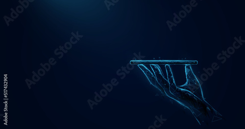 Businessmans hand holding a tablet. Futuristic technology digital hi tech concept. 3D Low polygon, wireframe style