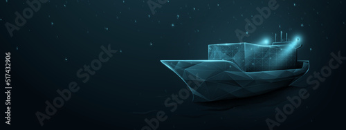 Container cargo ship in the ocean. Logistics and transportation. 3D Low polygon, wireframe style