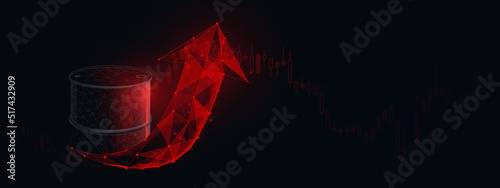 Red up arrow with Oil barrel. Growing chart forex stock background. 3D Oil barrel in Low polygon, wireframe style