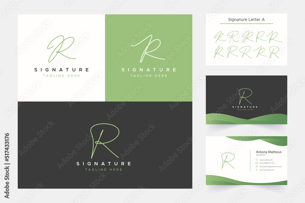 Letter R Signature Handwritten Logo with Business Card and Optional Style Type