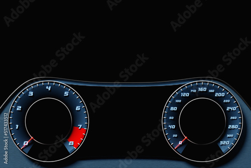  3D illustration of the car panel, digital bright speedometer, odometer and other tools