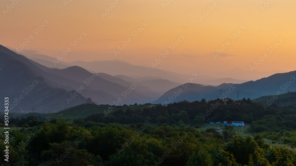 Beautiful evening mountain landscape in Mtskheta, Jvari monastery is visible