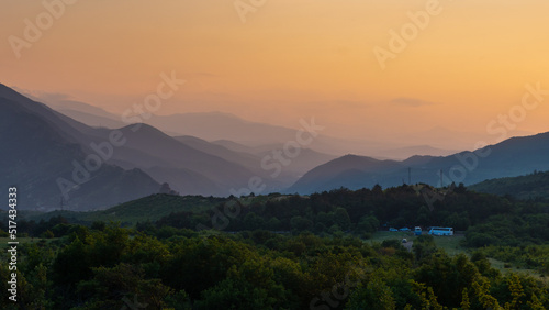 Beautiful evening mountain landscape in Mtskheta, Jvari monastery is visible © k_samurkas