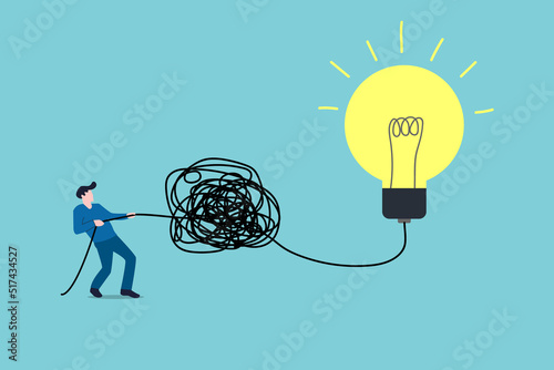 businessman untangle messy line or simplify problem. Simplify complex business idea