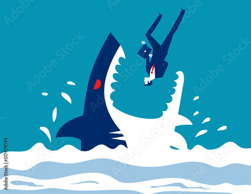 Businessman falls into mouth of shark rushing. Business person with animal mouth