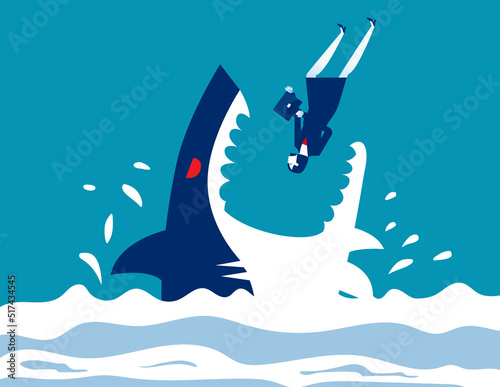 Businesswoman falls into mouth of shark rushing. Business person with animal mouth