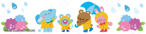 雨の日にお出かけするゾウさんとネズミさんとクマさんとウサギさんのイラスト