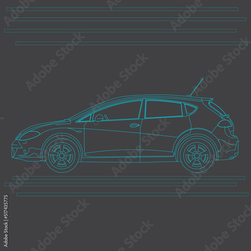 Retro sport car. Hand drawn car front back top and side view. Vector illustration