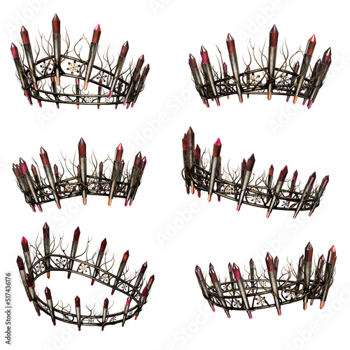 Ornate intricate metal fantasy crown with ruby gems on isolated background, 3D Illustration, 3D Rendering