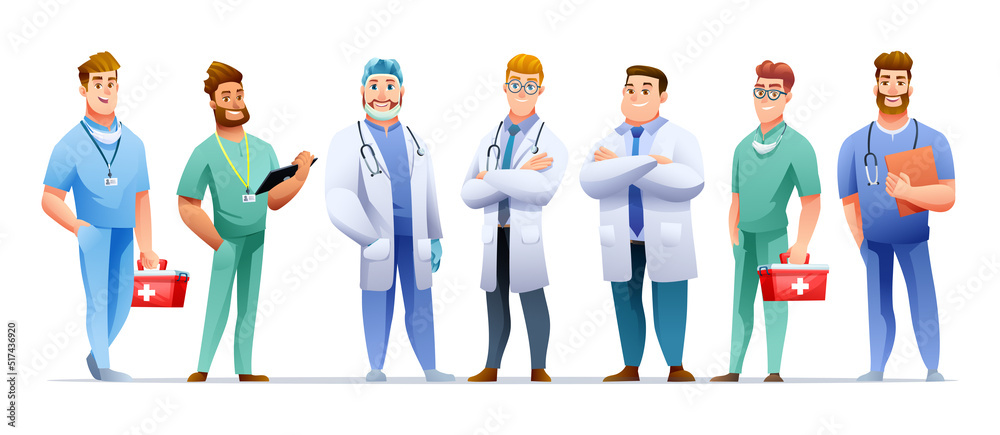 Set of medical male doctor and nurse characters in cartoon style