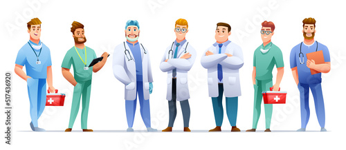 Set of medical male doctor and nurse characters in cartoon style