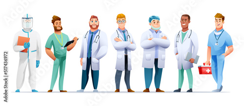 Set of medical men doctor and nurse cartoon characters