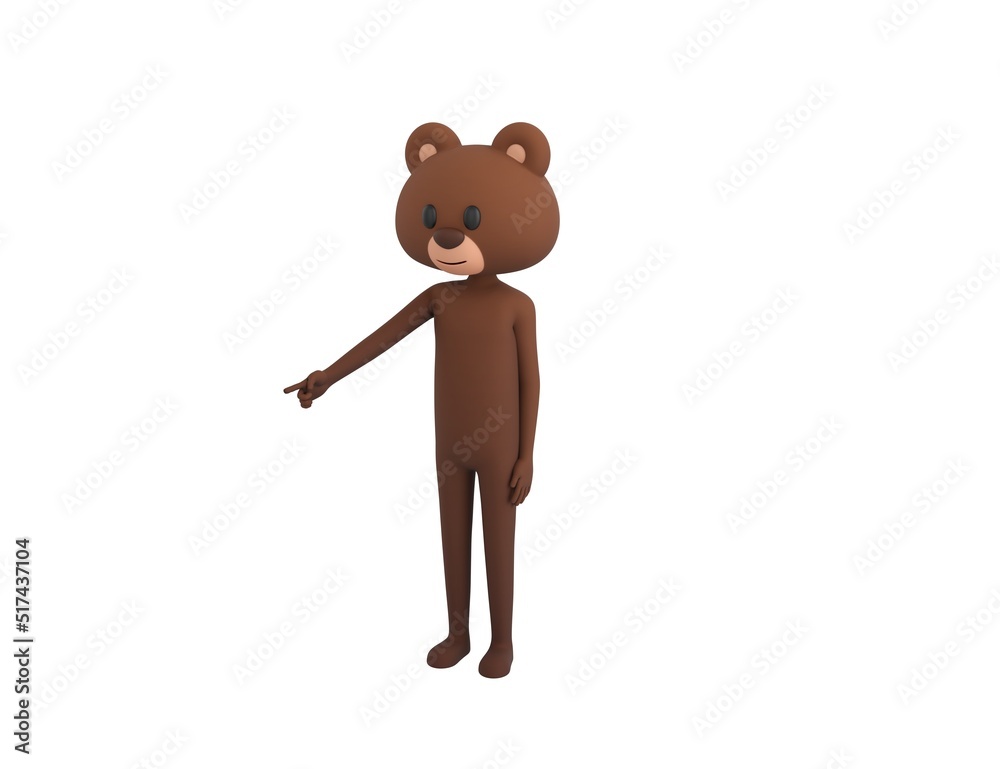 Obraz premium Bear character pointing to the ground in 3d rendering.