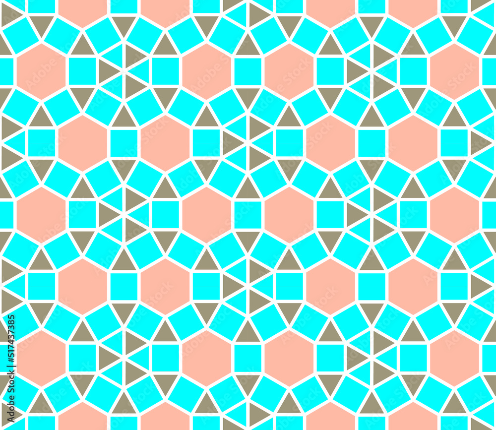 Dodecagons and hexagons in a mosaic tile repeating tessellation pattern in blue, light brown and peach-pink color, geometric vector design Dodecagons and hexagons in a mosaic tile repeating tessellation pattern in blue, light brown and peach-pink color, geometric vector design