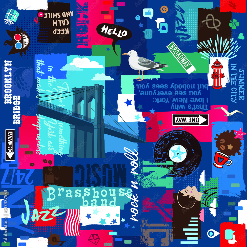 Obraz premium Brooklyn Bridge, Seamless pattern with sayings and quotes, people, cartoon characters