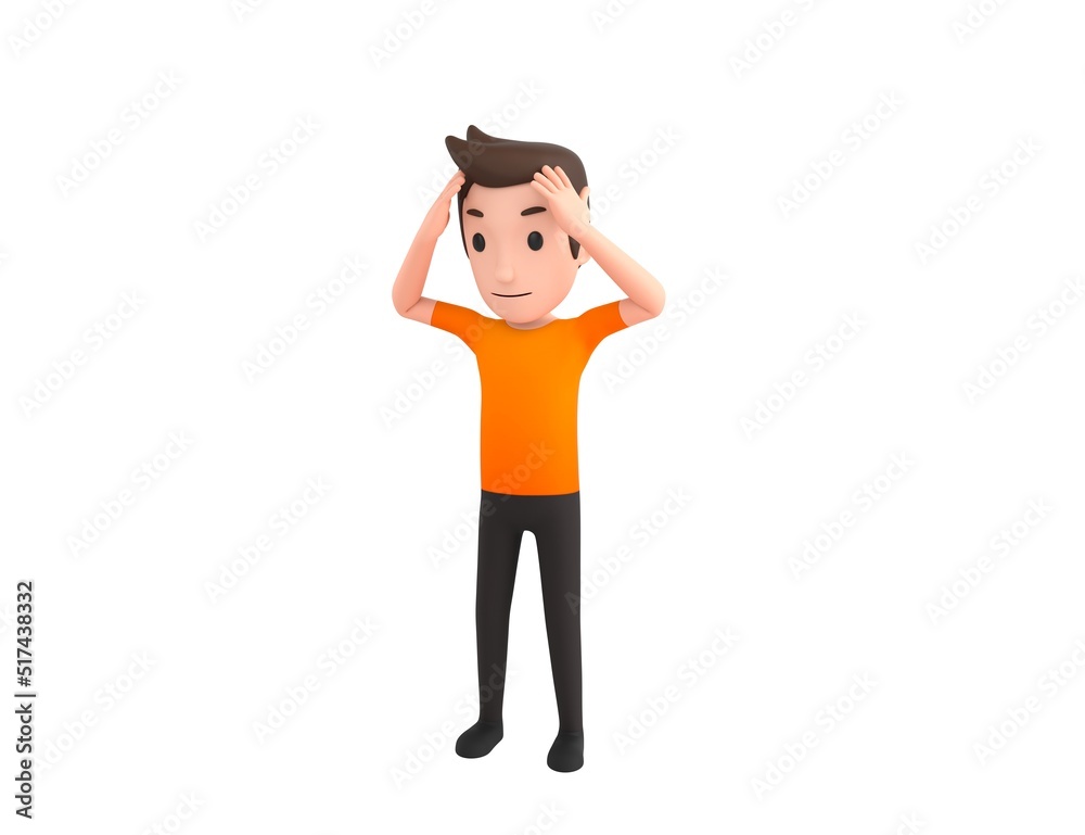 Man wearing Orange T-Shirt character with hand on head for pain in head because stress in 3d rendering.