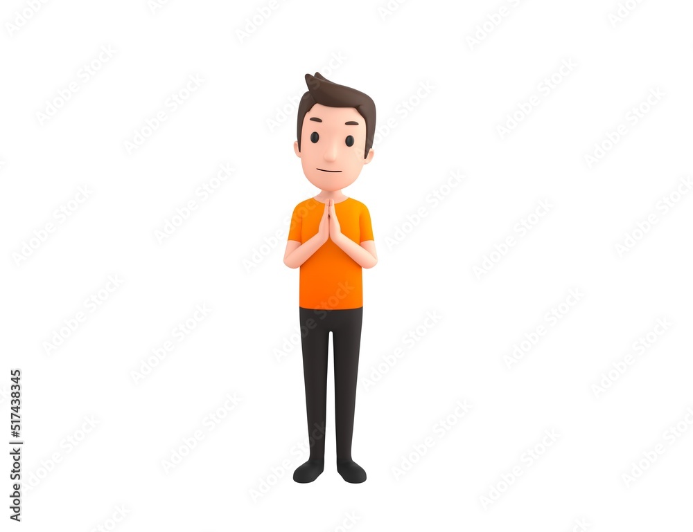 Man wearing Orange T-Shirt character praying with hands held together in 3d rendering.