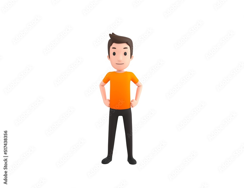 Man wearing Orange T-Shirt character with hands on hip in 3d rendering.